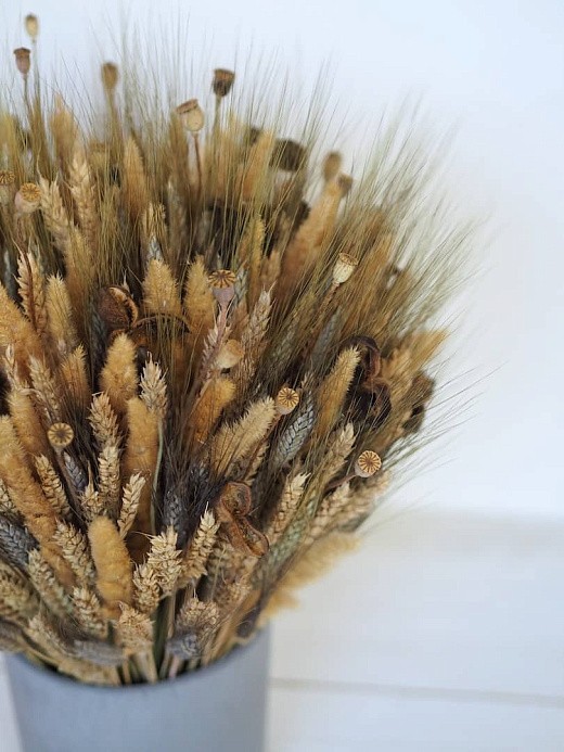 Фото композиции из сухоцветов в бетонном кашпо. 