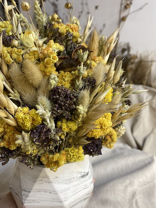 Фото яркой композиции в бетонном кашпо в интерьер. 